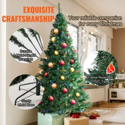 VEVOR Christmas Tree, 6.5ft Prelit Artificial Xmas Tree, Full Holiday Decor Tree with 450 Multi-Color LED Lights, 1227 Branch Tips, Metal Base for Home Party Office Decoration Tested to UL Standards