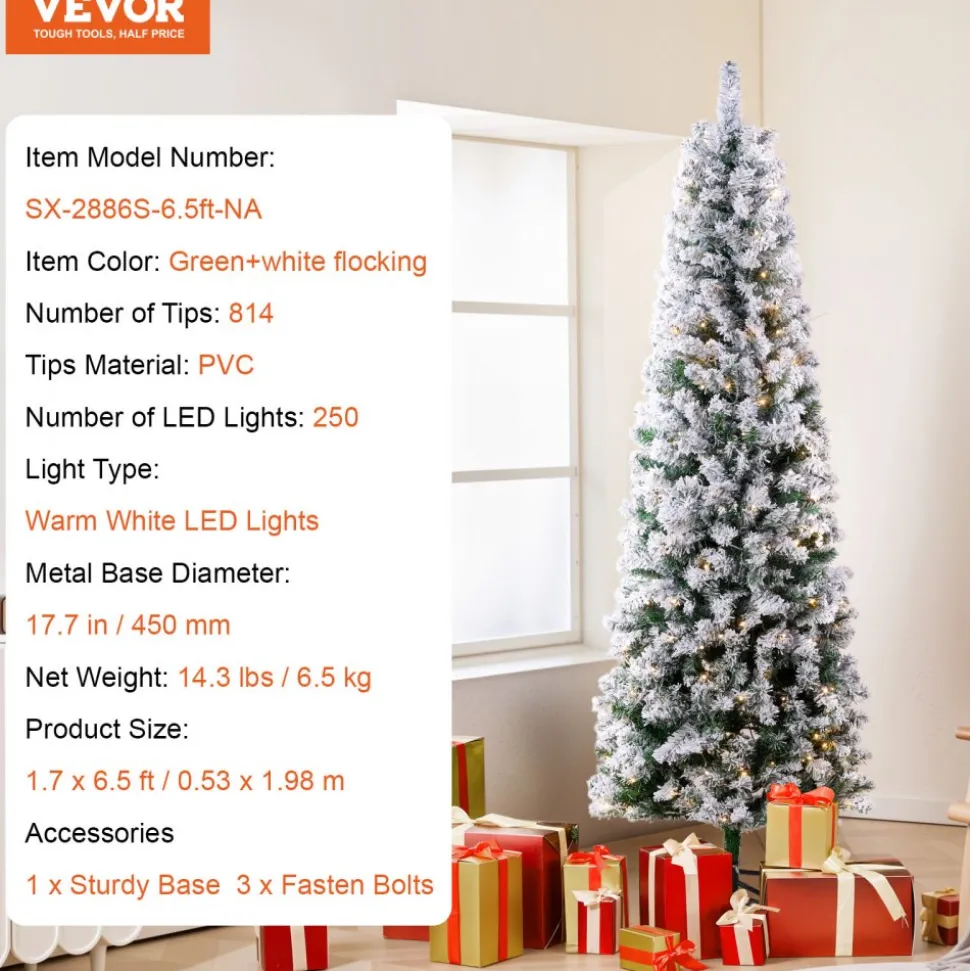 VEVOR Christmas Tree, 4ft Prelit Flocked Artificial Tree, Full Holiday Xmas Deco Trees with 120 Warm White LED Lights, 8 Lighting Modes & 539 Branch Tips for Home Party Office Decoration