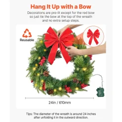 VEVOR Christmas Wreath, 24 Inches Pre-Lit Artificial Christmas Wreath with 50 LED Lights and Timer, Decorated with Pine Cones, Red Berry Clusters, Holly Leaves, Suitable for Fireplace Door Window