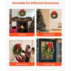VEVOR Christmas Wreath, 24 Inches Pre-Lit Artificial Christmas Wreath with 50 LED Lights and Timer, Decorated with Pine Cones, Red Berry Clusters, Holly Leaves, Suitable for Fireplace Door Window
