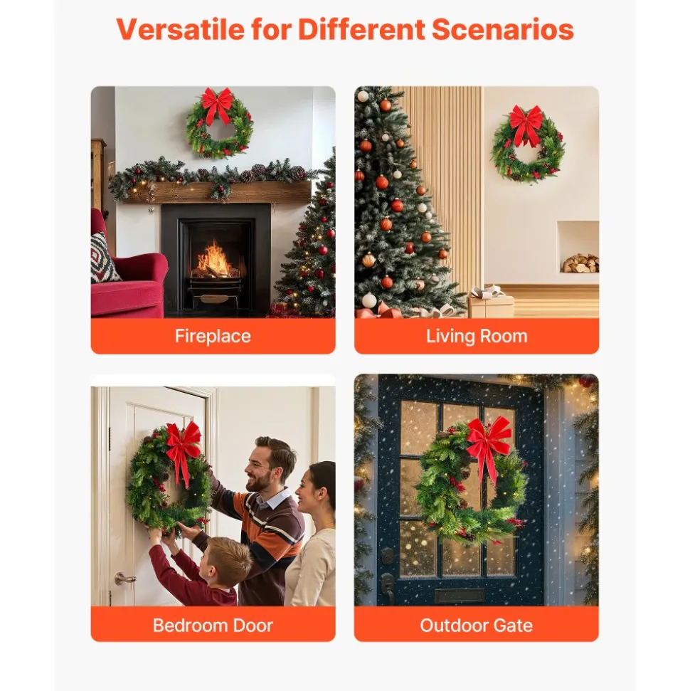 VEVOR Christmas Wreath, 24 Inches Pre-Lit Artificial Christmas Wreath with 50 LED Lights and Timer, Decorated with Pine Cones, Red Berry Clusters, Holly Leaves, Suitable for Fireplace Door Window