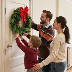 VEVOR Christmas Wreath, 24 Inches Pre-Lit Artificial Christmas Wreath with 50 LED Lights and Timer, Decorated with Pine Cones, Red Berry Clusters, Holly Leaves, Suitable for Fireplace Door Window