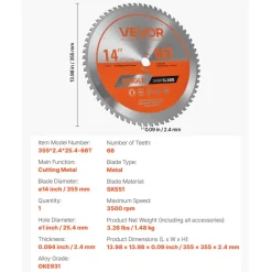VEVOR Circular Saw Blade, 14 inch Diameter, 66 Sharp Alloy Teeth, 1 inch Arbor, Fine Finish, Metal Cutting Blade for Circular Saw, with Noise-Reducing Heat Vents, for Cutting Steel and Aluminum