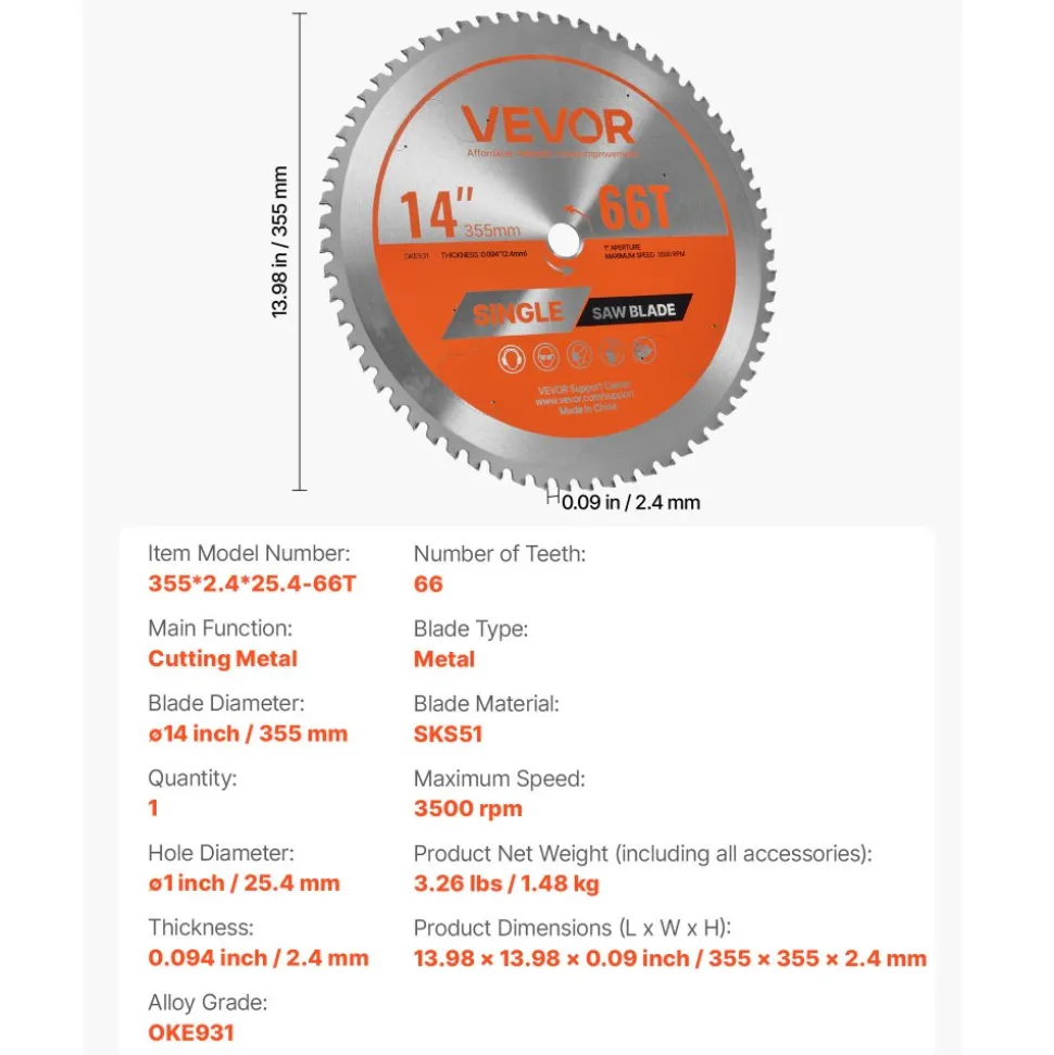 VEVOR Circular Saw Blade, 14 inch Diameter, 66 Sharp Alloy Teeth, 1 inch Arbor, Fine Finish, Metal Cutting Blade for Circular Saw, with Noise-Reducing Heat Vents, for Cutting Steel and Aluminum