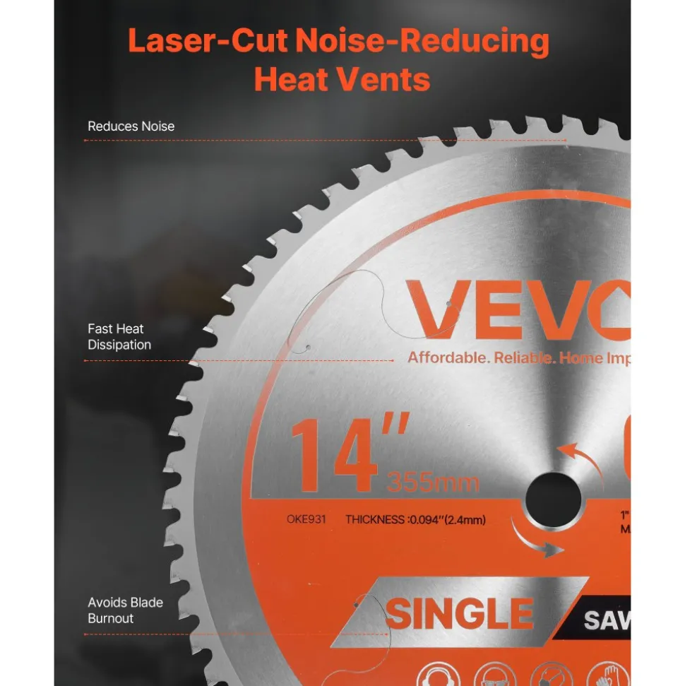 VEVOR Circular Saw Blade, 14 inch Diameter, 66 Sharp Alloy Teeth, 1 inch Arbor, Fine Finish, Metal Cutting Blade for Circular Saw, with Noise-Reducing Heat Vents, for Cutting Steel and Aluminum