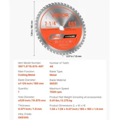 VEVOR Circular Saw Blade, 7-1/4 inch Diameter, 48 Sharp Alloy Teeth, 5/8 inch Arbor, Fine Finish, Metal Cutting Blade for Circular Saw, with Noise-Reducing Heat Vents, for Cutting Steel and Aluminum