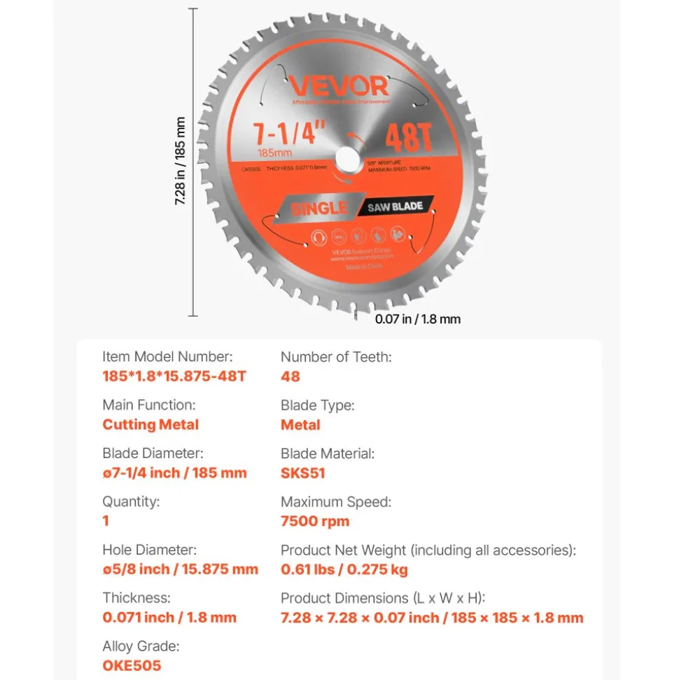 VEVOR Circular Saw Blade, 7-1/4 inch Diameter, 48 Sharp Alloy Teeth, 5/8 inch Arbor, Fine Finish, Metal Cutting Blade for Circular Saw, with Noise-Reducing Heat Vents, for Cutting Steel and Aluminum