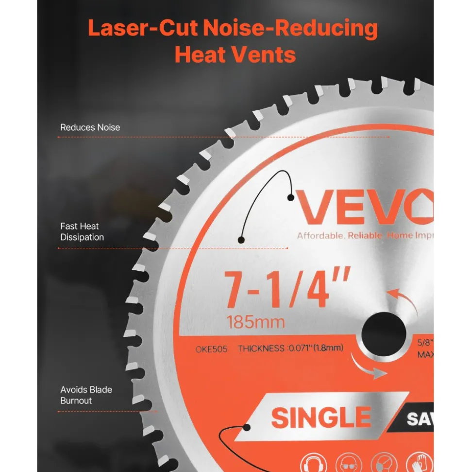 VEVOR Circular Saw Blade, 7-1/4 inch Diameter, 48 Sharp Alloy Teeth, 5/8 inch Arbor, Fine Finish, Metal Cutting Blade for Circular Saw, with Noise-Reducing Heat Vents, for Cutting Steel and Aluminum