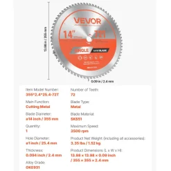 VEVOR Circular Saw Blade, 14 inch Diameter, 72 Sharp Alloy Teeth, 1 inch Arbor, Fine Finish, Metal Cutting Blade for Circular Saw, with Noise-Reducing Heat Vents, for Cutting Steel and Aluminum
