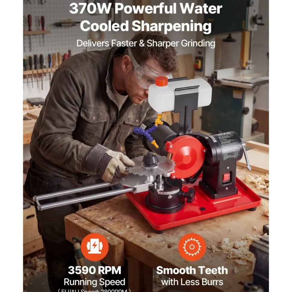 VEVOR Circular Saw Blade Sharpener with Water Tank, 370W 3590RPM Rotary Angle Mill Grinder, Water Injection Sharpening Machine with 5" Grinding Wheel - Fits Φ3.2" to Φ27.5" Circular Saw Blades