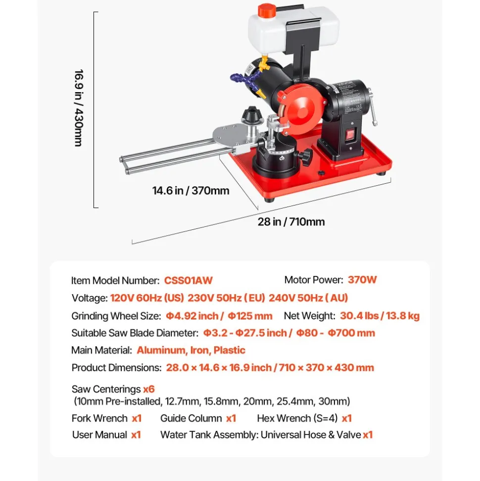 VEVOR Circular Saw Blade Sharpener with Water Tank, 370W 3590RPM Rotary Angle Mill Grinder, Water Injection Sharpening Machine with 5" Grinding Wheel - Fits Φ3.2" to Φ27.5" Circular Saw Blades