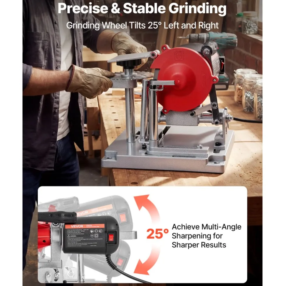 VEVOR Circular Saw Blade Sharpener, 370W 3590RPM Rotary Angle Mill Grinder Sharpening Machine with 5" Grinding Wheel & 6 Saw Centerings - Fits Φ3.2" to Φ27.5" Circular Saw Blades