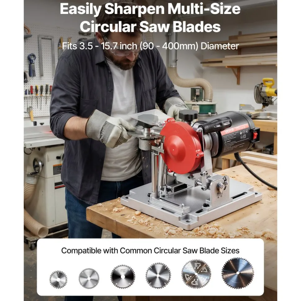VEVOR Circular Saw Blade Sharpener, 370W 3590RPM Rotary Angle Mill Grinder Sharpening Machine with 5" Grinding Wheel & 6 Saw Centerings - Fits Φ3.2" to Φ27.5" Circular Saw Blades