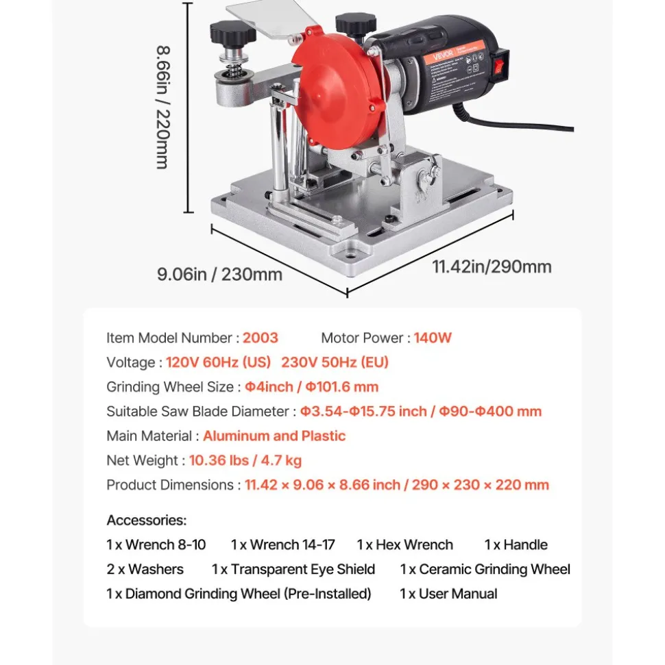 VEVOR Circular Saw Blade Sharpener, 370W 3590RPM Rotary Angle Mill Grinder Sharpening Machine with 5" Grinding Wheel & 6 Saw Centerings - Fits Φ3.2" to Φ27.5" Circular Saw Blades