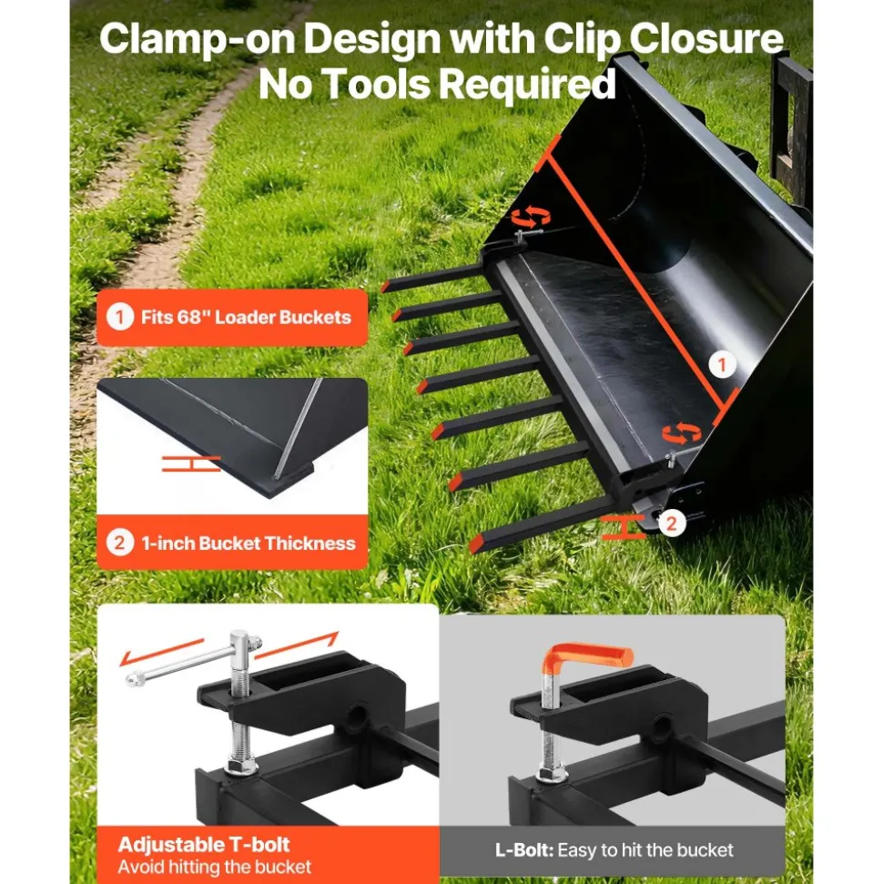VEVOR 68.5" Clamp on Debris Forks for Buckets, 7 Fork Tines, 4560lbs Load Capacity, Heavy Duty Pallet Forks for Tractor Loader Skid Steer, Bolt on Bucket Attachments for Removing Yard Waste and Debris