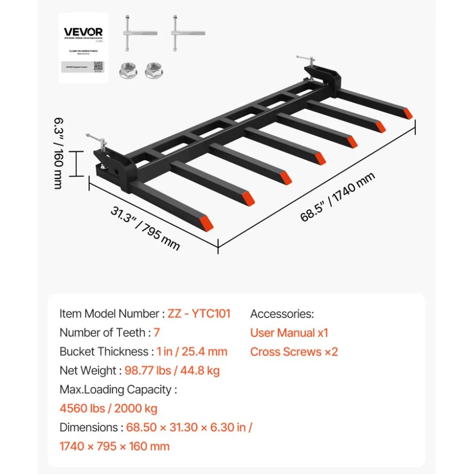 VEVOR 68.5" Clamp on Debris Forks for Buckets, 7 Fork Tines, 4560lbs Load Capacity, Heavy Duty Pallet Forks for Tractor Loader Skid Steer, Bolt on Bucket Attachments for Removing Yard Waste and Debris