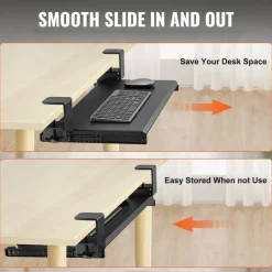 VEVOR Clamp on Keyboard Tray Under Desk, Desk Keyboard Tray Slide out with Sturdy No-drill C Clamp Mount, Large 26.8 x 11 inch Slide-out Computer Drawer for Typing in Home, Office Work
