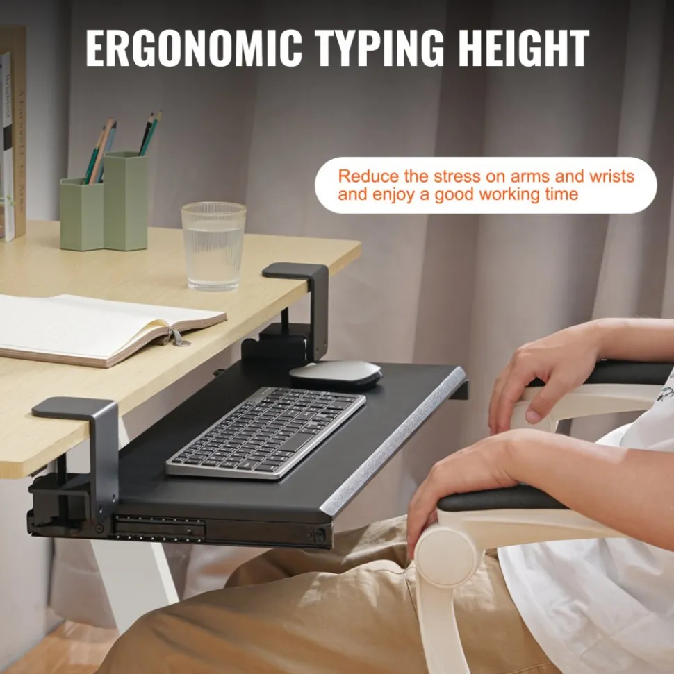 VEVOR Clamp on Keyboard Tray Under Desk, Desk Keyboard Tray Slide out with Sturdy No-drill C Clamp Mount, Large 26.8 x 11 inch Slide-out Computer Drawer for Typing in Home, Office Work
