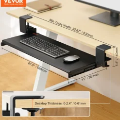 VEVOR Clamp on Keyboard Tray Under Desk, Desk Keyboard Tray Slide out with Sturdy No-drill C Clamp Mount, Large 26.8 x 11 inch Slide-out Computer Drawer for Typing in Home, Office Work