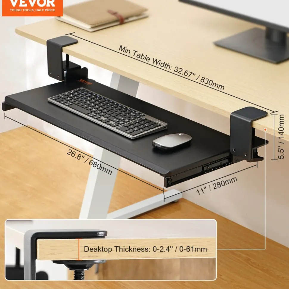 VEVOR Clamp on Keyboard Tray Under Desk, Desk Keyboard Tray Slide out with Sturdy No-drill C Clamp Mount, Large 26.8 x 11 inch Slide-out Computer Drawer for Typing in Home, Office Work