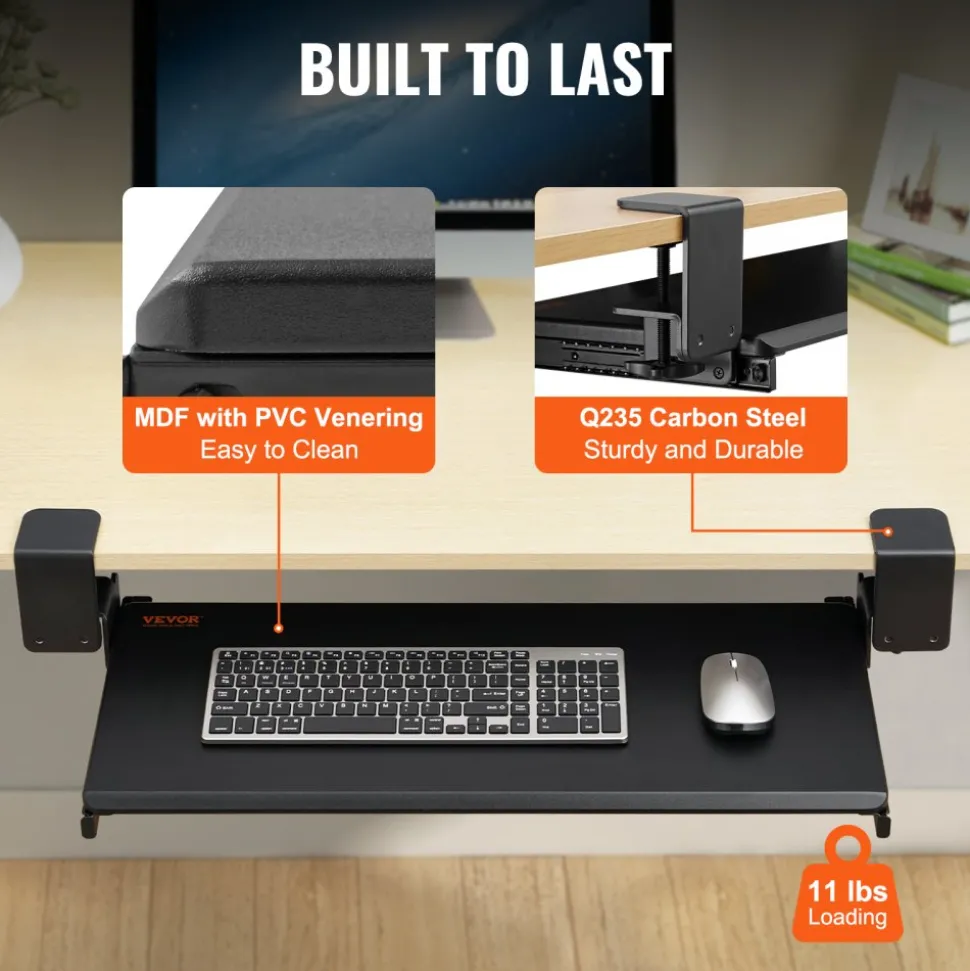 VEVOR Clamp on Keyboard Tray Under Desk, Desk Keyboard Tray Slide out with Sturdy No-drill C Clamp Mount, Large 26.8 x 11 inch Slide-out Computer Drawer for Typing in Home, Office Work