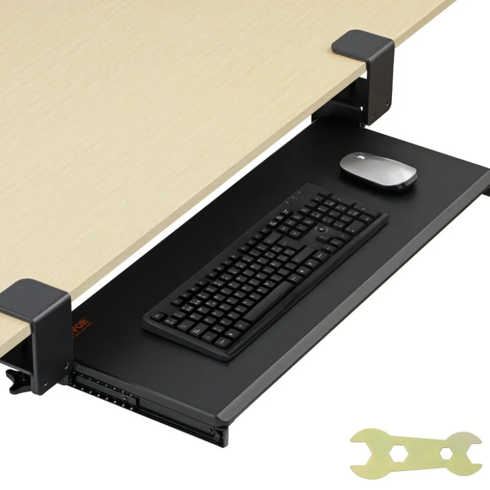 VEVOR Clamp on Keyboard Tray Under Desk, Desk Keyboard Tray Slide out with Sturdy No-drill C Clamp Mount, Large 26.8 x 11 inch Slide-out Computer Drawer for Typing in Home, Office Work