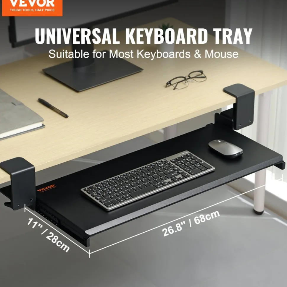 VEVOR Clamp on Keyboard Tray Under Desk, Desk Keyboard Tray Slide out with Sturdy No-drill C Clamp Mount, Large 26.8 x 11 inch Slide-out Computer Drawer for Typing in Home, Office Work