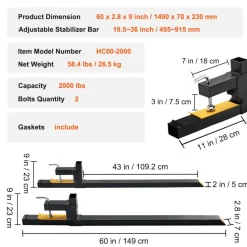 VEVOR Clamp on Pallet Forks, 2000 lbs Capacity Pallet Forks, 60