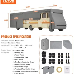 VEVOR Class A RV Cover, 40-43 ft Motorhome Cover, Non-woven Fabric Motorhome RV Cover, Waterproof, Windproof and Rip-Stop, Camper Cover with Storage Bag, Repair Patches, Straps and Tire Covers