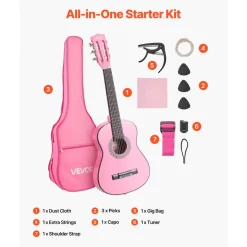 VEVOR Classical Guitar, 38 Inch, Wood Classical Guitar Starter Kit for Beginners, with Nylon Strings, Gig Bag, Strap, Tuner, Extra Strings, Picks, Capo, Basswood, for Teenagers Adults Students, Black