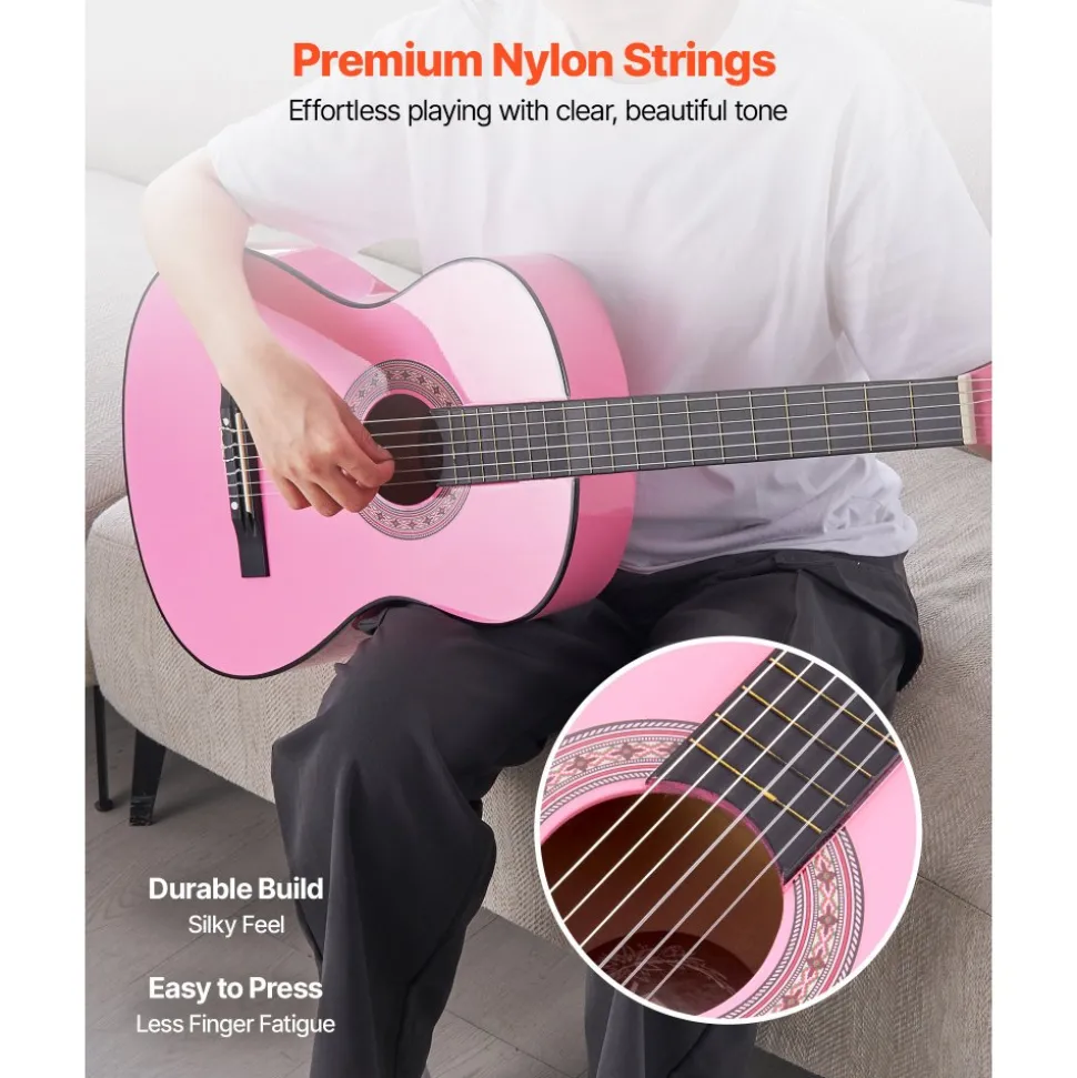 VEVOR Classical Guitar, 38 Inch, Wood Classical Guitar Starter Kit for Beginners, with Nylon Strings, Gig Bag, Strap, Tuner, Extra Strings, Picks, Capo, Basswood, for Teenagers Adults Students, Pink