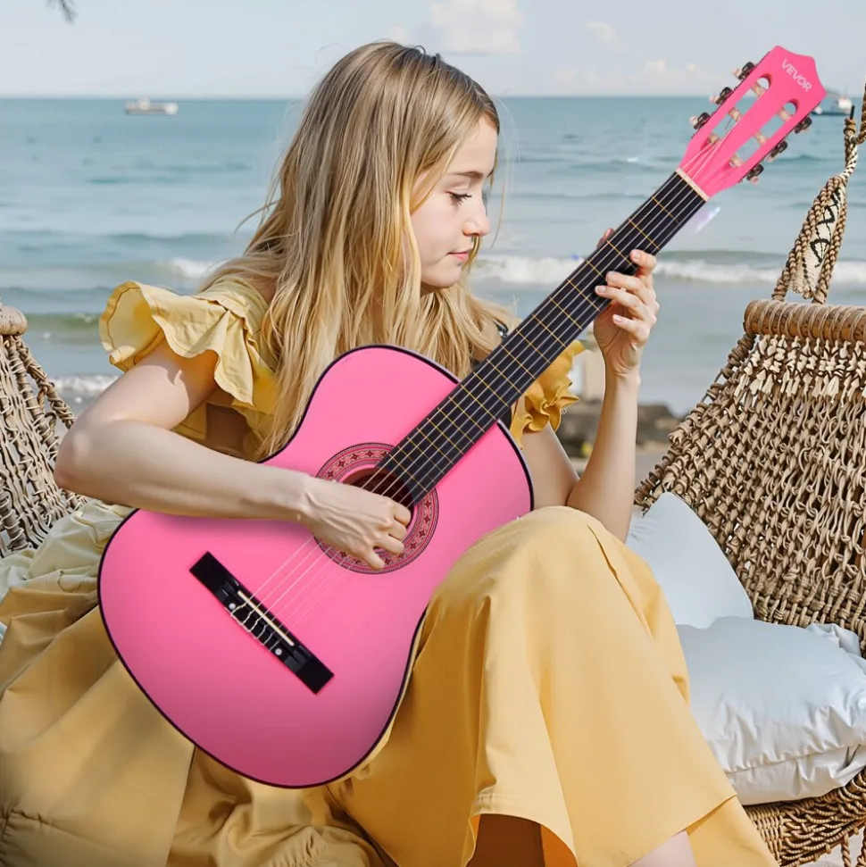 VEVOR Classical Guitar, 38 Inch, Wood Classical Guitar Starter Kit for Beginners, with Nylon Strings, Gig Bag, Strap, Tuner, Extra Strings, Picks, Capo, Basswood, for Teenagers Adults Students, Pink