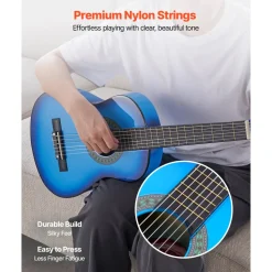 VEVOR Classical Guitar, 30 Inch, Wood Classical Guitar Starter Kit for Beginners, with Nylon Strings, Gig Bag, Strap, Tuner, Extra Strings, Picks, Capo, Basswood, for Kids Girls Boys Students, Blue