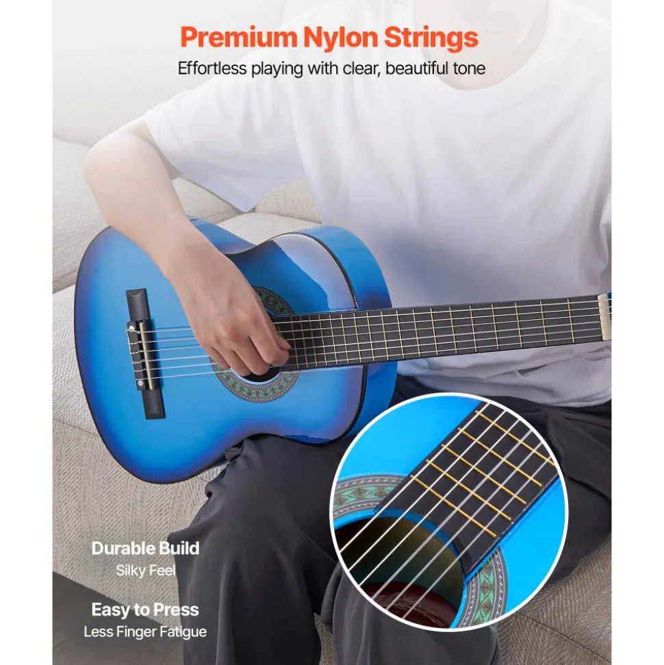 VEVOR Classical Guitar, 30 Inch, Wood Classical Guitar Starter Kit for Beginners, with Nylon Strings, Gig Bag, Strap, Tuner, Extra Strings, Picks, Capo, Basswood, for Kids Girls Boys Students, Blue
