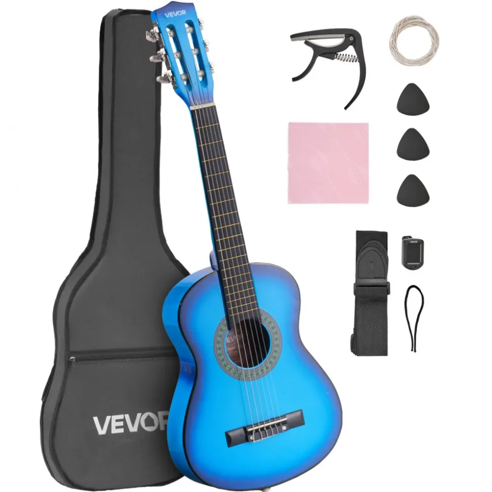VEVOR Classical Guitar, 30 Inch, Wood Classical Guitar Starter Kit for Beginners, with Nylon Strings, Gig Bag, Strap, Tuner, Extra Strings, Picks, Capo, Basswood, for Kids Girls Boys Students, Blue