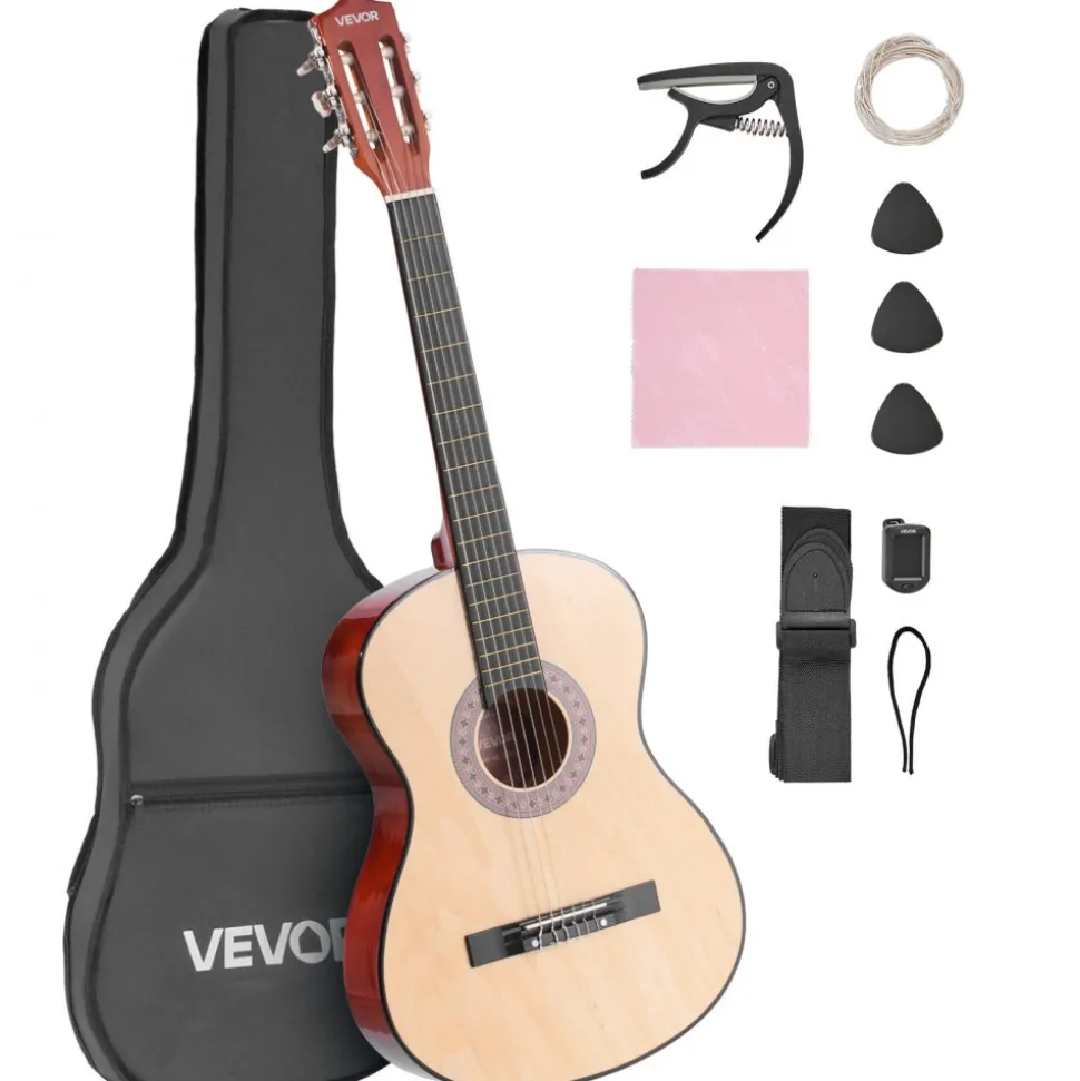VEVOR Classical Guitar, 38 Inch, Wood Classical Guitar Starter Kit for Beginners, with Nylon Strings, Gig Bag, Strap, Tuner, Extra Strings, Pick, Capo, Basswood, for Teenagers Adults Students, Natural