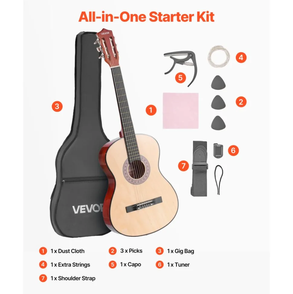 VEVOR Classical Guitar, 38 Inch, Wood Classical Guitar Starter Kit for Beginners, with Nylon Strings, Gig Bag, Strap, Tuner, Extra Strings, Pick, Capo, Basswood, for Teenagers Adults Students, Natural