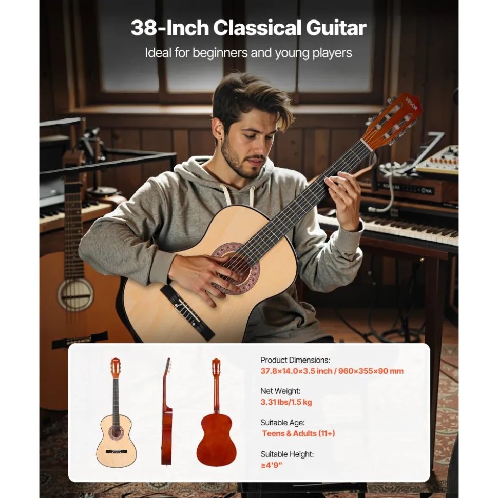 VEVOR Classical Guitar, 38 Inch, Wood Classical Guitar Starter Kit for Beginners, with Nylon Strings, Gig Bag, Strap, Tuner, Extra Strings, Pick, Capo, Basswood, for Teenagers Adults Students, Natural