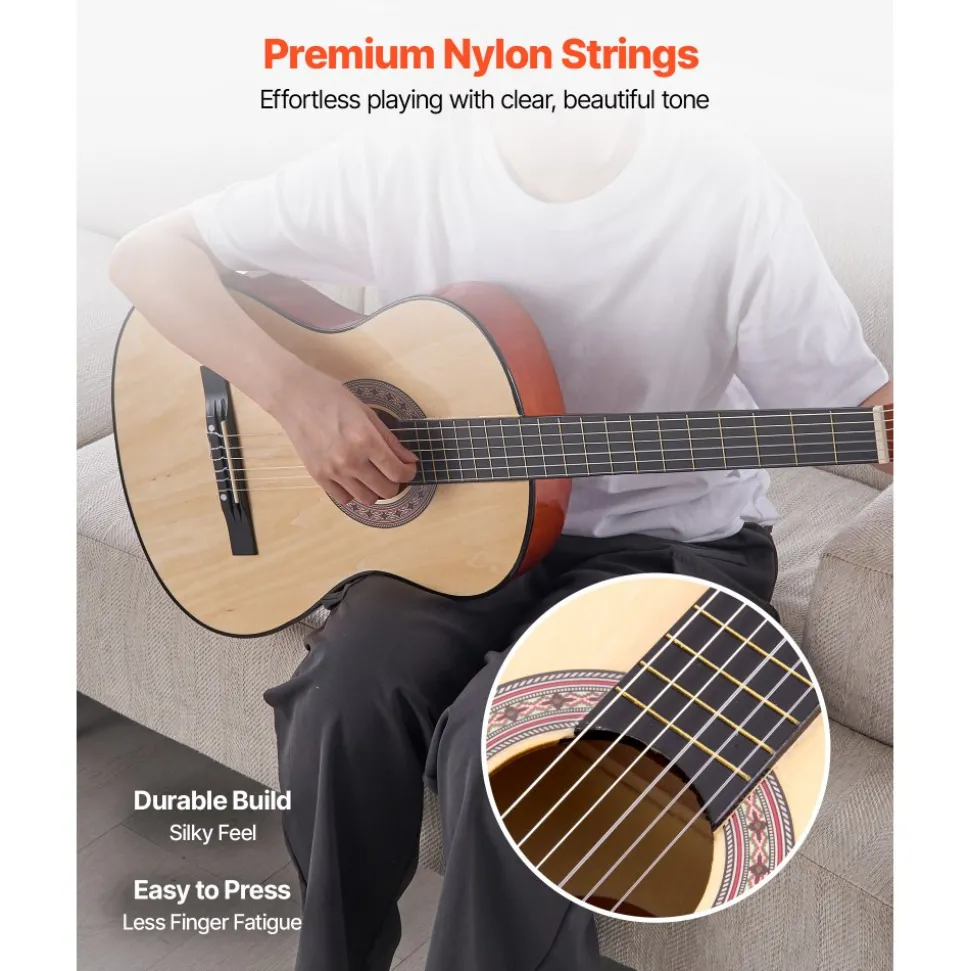 VEVOR Classical Guitar, 38 Inch, Wood Classical Guitar Starter Kit for Beginners, with Nylon Strings, Gig Bag, Strap, Tuner, Extra Strings, Pick, Capo, Basswood, for Teenagers Adults Students, Natural