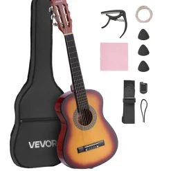 VEVOR Classical Guitar, 30 Inch, Wood Classical Guitar Starter Kit for Beginners, with Nylon Strings, Gig Bag, Strap, Tuner, Extra Strings, Pick, Capo, Basswood, for Kids Girls Boys Students, Sunburst