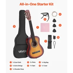VEVOR Classical Guitar, 30 Inch, Wood Classical Guitar Starter Kit for Beginners, with Nylon Strings, Gig Bag, Strap, Tuner, Extra Strings, Pick, Capo, Basswood, for Kids Girls Boys Students, Sunburst