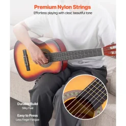 VEVOR Classical Guitar, 30 Inch, Wood Classical Guitar Starter Kit for Beginners, with Nylon Strings, Gig Bag, Strap, Tuner, Extra Strings, Pick, Capo, Basswood, for Kids Girls Boys Students, Sunburst