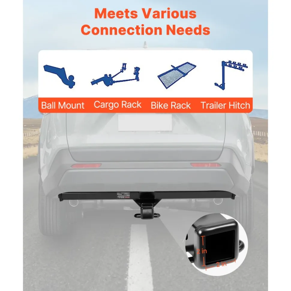 VEVOR Class 3 Trailer Hitch, 2-Inch Receiver, 6000 lbs, Q345B Steel Tube Frame, Compatible with 2020-2024 Toyota RAV4, Multi-Fit Hitch to Receive Ball Mount, Cargo Carrier, Bike Rack, Tow Hook, Black