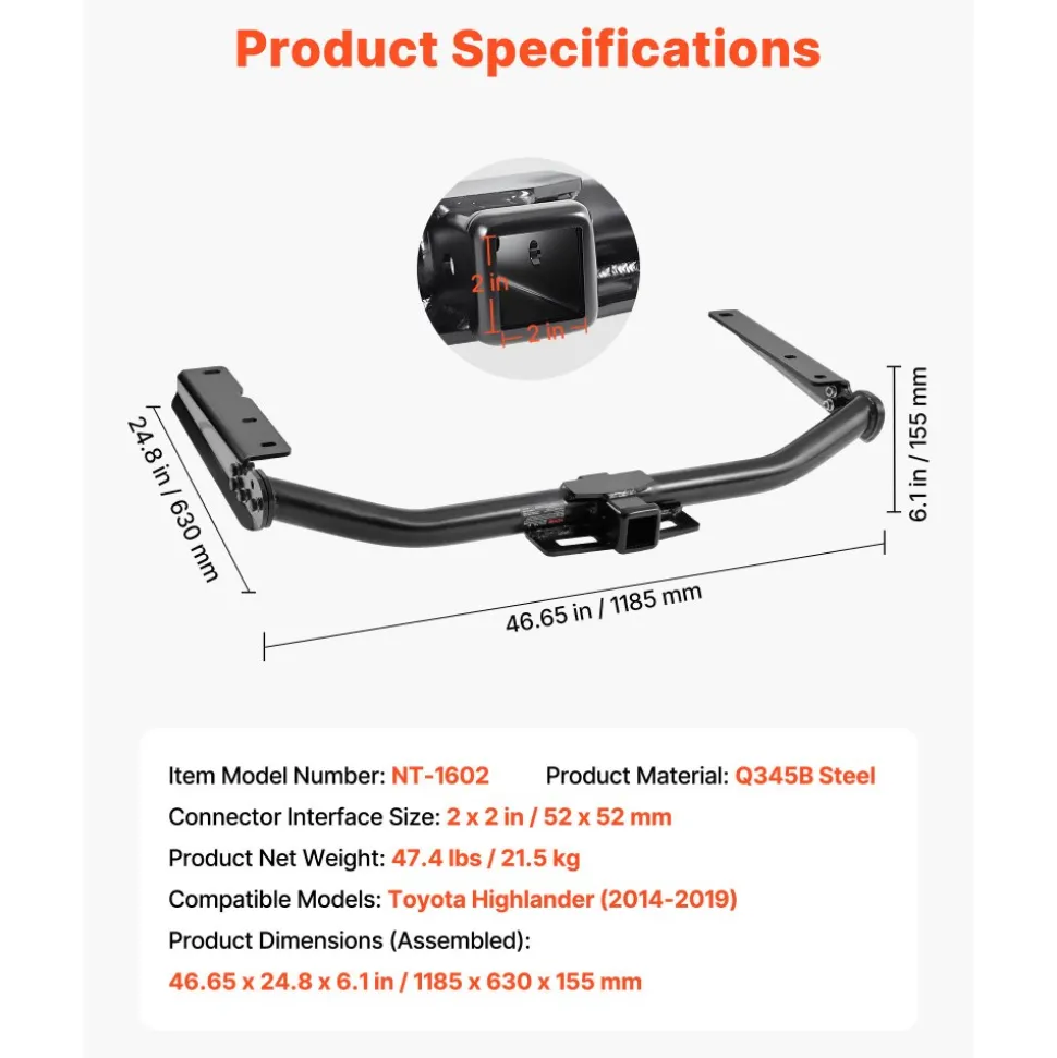 VEVOR Class 3 Trailer Hitch, 2-Inch Receiver, Compatible with 2014-2019 Toyota Highlander, Q345B Steel Tube Frame, Multi-Fit Hitch to Receive Ball Mount, Cargo Carrier, Bike Rack, and Tow Hook, Black