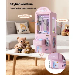 VEVOR Claw Crane Machine, Medium-Sized Arcade Game Machine with Light & Sound, Adjustable Steel Claws, Precise Toy Candy Grabber Prize Dispenser Vending Toy, for Commercial Home Parties Cinema, Pink