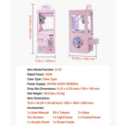 VEVOR Claw Crane Machine, Medium-Sized Arcade Game Machine with Light & Sound, Adjustable Steel Claws, Precise Toy Candy Grabber Prize Dispenser Vending Toy, for Commercial Home Parties Cinema, Pink