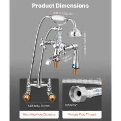 VEVOR Clawfoot Tub Faucet, Deck Mount Bathtub Faucets with Handheld Shower, Vintage Polished Chrome Clawfoot Tub Filler Faucet Shower Kit with 360° Rotation Spout & 59-inch Long Hose for Bathtubs