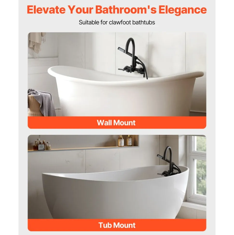 VEVOR Clawfoot Tub Faucet, Wall-Mounted Bathtub Faucet with Handheld Shower, Vintage Matte Black Clawfoot Tub Filler Shower Kit with Adjustable Swing Arms & Rotatable Gooseneck Spout for Bathtubs