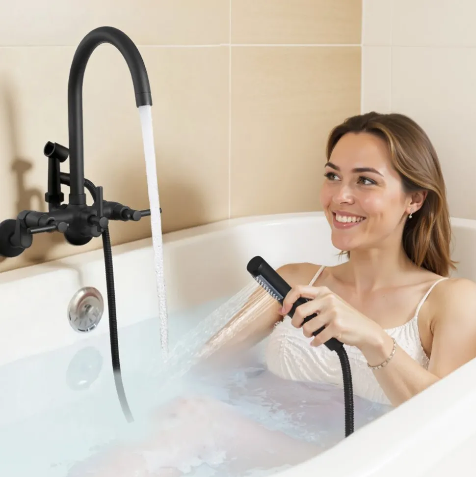 VEVOR Clawfoot Tub Faucet, Wall-Mounted Bathtub Faucet with Handheld Shower, Vintage Matte Black Clawfoot Tub Filler Shower Kit with Adjustable Swing Arms & Rotatable Gooseneck Spout for Bathtubs