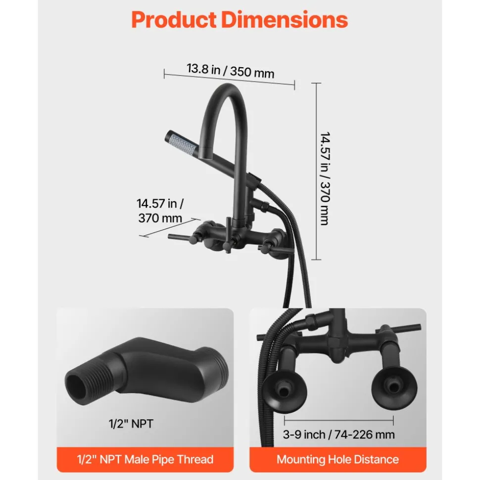 VEVOR Clawfoot Tub Faucet, Wall-Mounted Bathtub Faucet with Handheld Shower, Vintage Matte Black Clawfoot Tub Filler Shower Kit with Adjustable Swing Arms & Rotatable Gooseneck Spout for Bathtubs